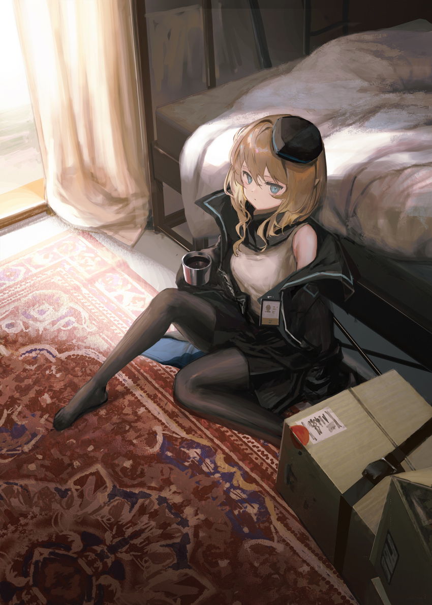 1girl arknights bare_shoulders bed black_coat black_headwear black_legwear black_scarf black_skirt blonde_hair blue_eyes box cardboard_box carpet closed_mouth coat cup curtains durin_(arknights) from_above full_body grey_shirt highres holding holding_cup indoors kouka_(mrakano5456) long_hair long_sleeves looking_at_viewer looking_up no_shoes off_shoulder open_clothes open_coat pantyhose pointy_ears scarf shirt sitting skirt solo wavy_hair