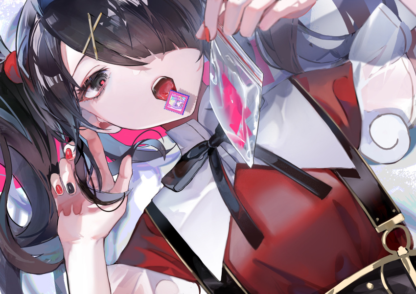 1girl absurdres ame-chan_(needy_girl_overdose) angel_wings artist_request bangs belt black_eyes black_hair blunt_bangs bow collared_shirt drugs gold_belt hair_ornament hair_over_one_eye heart heart-shaped_pupils highres holding long_hair looking_at_viewer lsd lying nail nail_polish needy_girl_overdose open_mouth red_shirt shirt short_sleeves simple_background skirt solo solo_focus suspender_skirt suspenders symbol-shaped_pupils tongue tongue_out twintails wings x_hair_ornament ziploc_bag