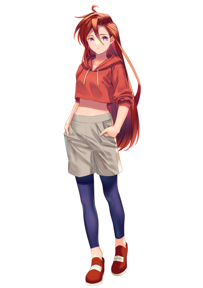 1girl absurdres bangs blue_pants closed_mouth collarbone full_body grey_shorts hair_between_eyes hands_in_pockets highres hood hood_down hooded_sweater long_hair looking_at_viewer midriff pants pants_under_shorts precure red_footwear red_sweater redhead shorts simple_background solo standing stomach sweater takizawa_asuka tropical-rouge!_precure very_long_hair violet_eyes white_background yoko-ya_manjirou