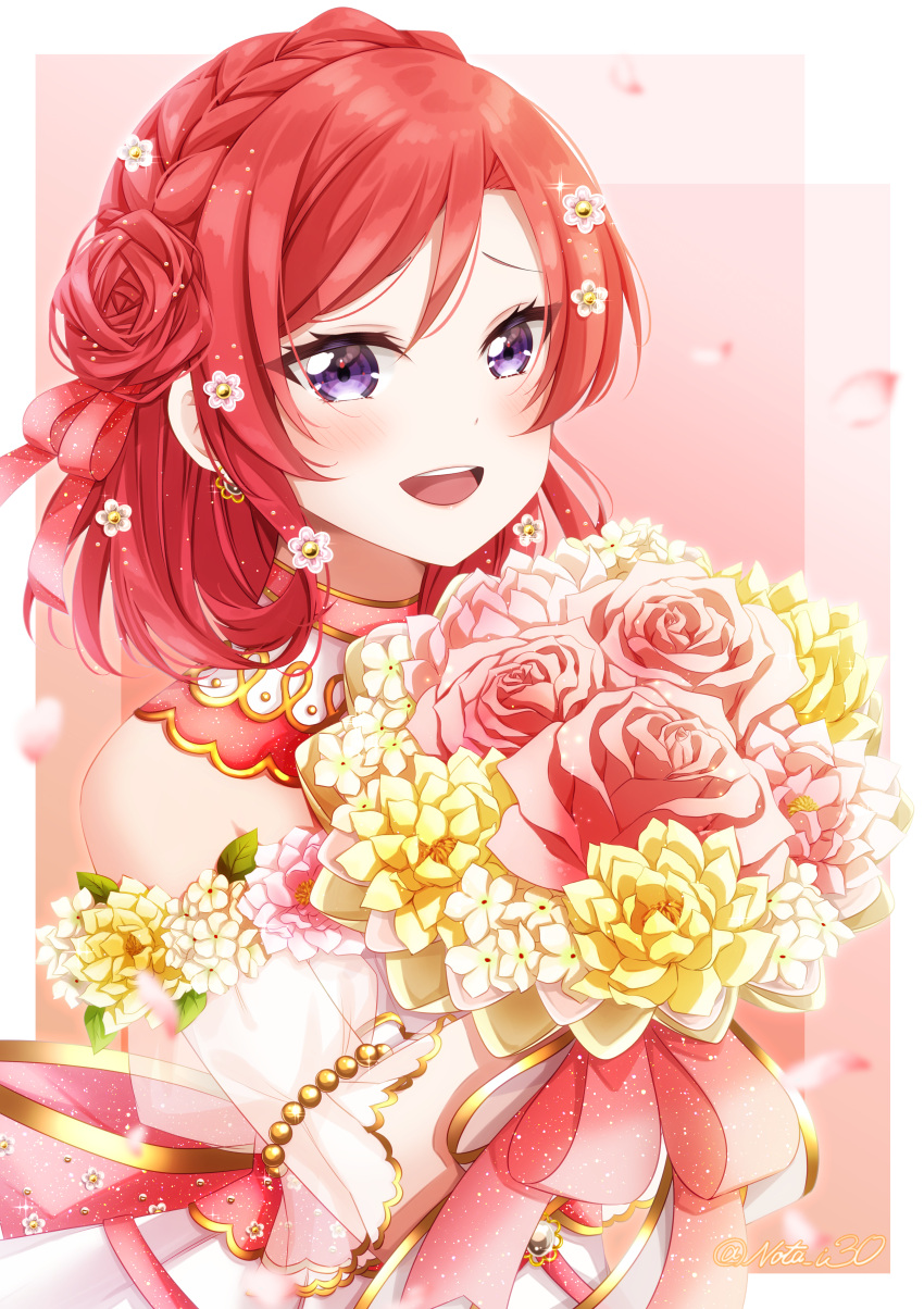 1girl :d absurdres bangs border bouquet earrings flower hair_between_eyes hair_flower hair_ornament hair_ribbon highres holding holding_bouquet jewelry long_hair looking_at_viewer love_live! love_live!_school_idol_project nishikino_maki nota_ika open_mouth pink_flower pink_rose red_flower red_ribbon redhead ribbon rose shiny shiny_hair smile solo sparkle twitter_username violet_eyes white_border white_flower yellow_flower