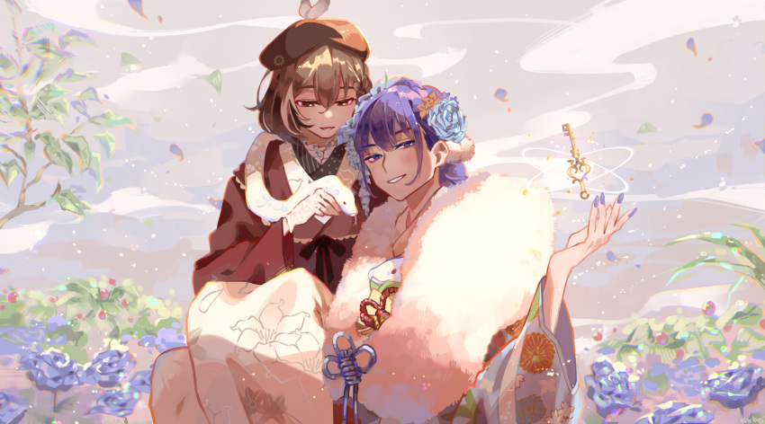animal animal_on_shoulder blue_flower blue_kimono brown_eyes brown_hair brown_headwear brown_kimono clouds commentary ellie_niunai_zhuyi_zhe falling_petals floating floating_object flower furisode hair_flower hair_ornament hand_up highres holding holding_animal hololive hololive_english japanese_clothes key kimono long_sleeves nanashi_mumei open_mouth ouro_kronii outdoors parted_lips petals purple_flower purple_hair purple_nails smile snake tree violet_eyes virtual_youtuber