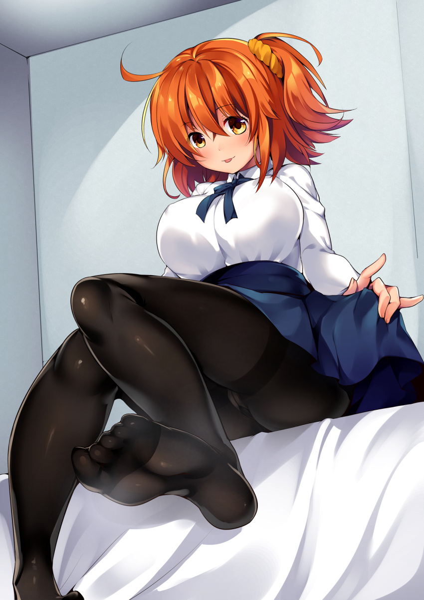 1girl :p ahoge black_legwear blue_bow blue_bowtie blue_skirt bow bowtie breasts brown_hair fate/grand_order fate_(series) fujimaru_ritsuka_(female) fujimaru_ritsuka_(female)_(anniversary_blonde) hair_ornament hair_scrunchie highres large_breasts looking_at_viewer pantyhose ruri_rarako scrunchie short_hair side_ponytail sitting skirt skirt_hold smile solo thighband_pantyhose toes tongue tongue_out yellow_eyes yellow_scrunchie