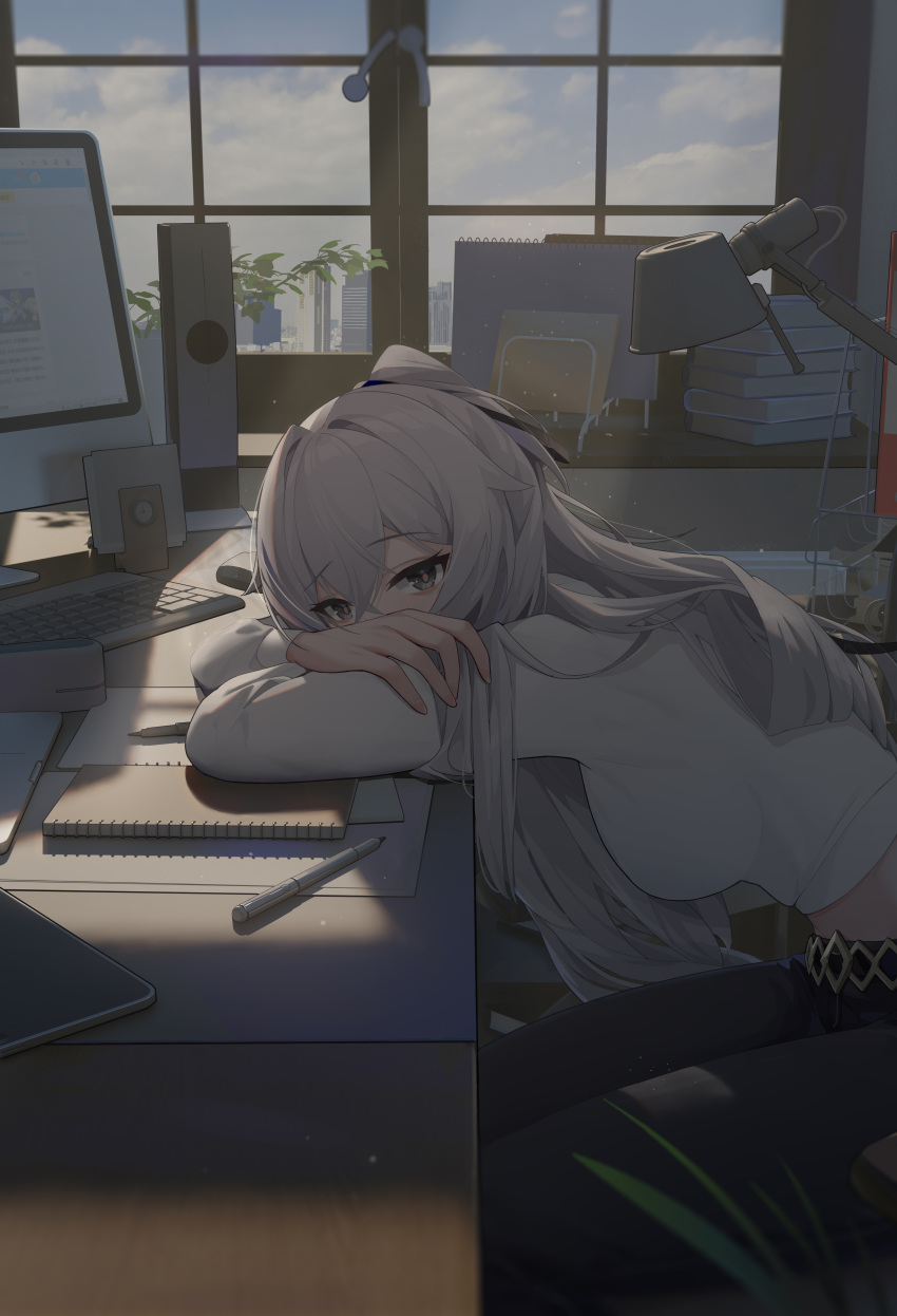 1girl absurdres bangs belt black_pants book breasts bronya_zaychik chinese_commentary commentary_request cowboy_shot crossed_arms desk desk_lamp eyebrows_visible_through_hair gold_belt grey_eyes grey_hair highres honkai_(series) honkai_impact_3rd keyboard_(computer) lamp long_hair looking_at_viewer lying marker medium_breasts midriff monitor muted_color nib_pen_(object) notebook pants pen pencil_case ponytail shirt sitting solo white_shirt window wood_cube