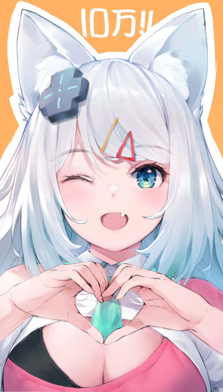 1girl ;d andychen animal_ear_fluff animal_ears bangs blue_eyes blue_necktie blush breasts cleavage_cutout clothing_cutout collared_shirt d-pad d-pad_hair_ornament eyebrows_visible_through_hair fang hair_ornament hairclip highres indie_virtual_youtuber large_breasts long_hair looking_at_viewer mizuki_(vtuber) necktie one_eye_closed shirt short_necktie silver_hair simple_background smile solo upper_body virtual_youtuber