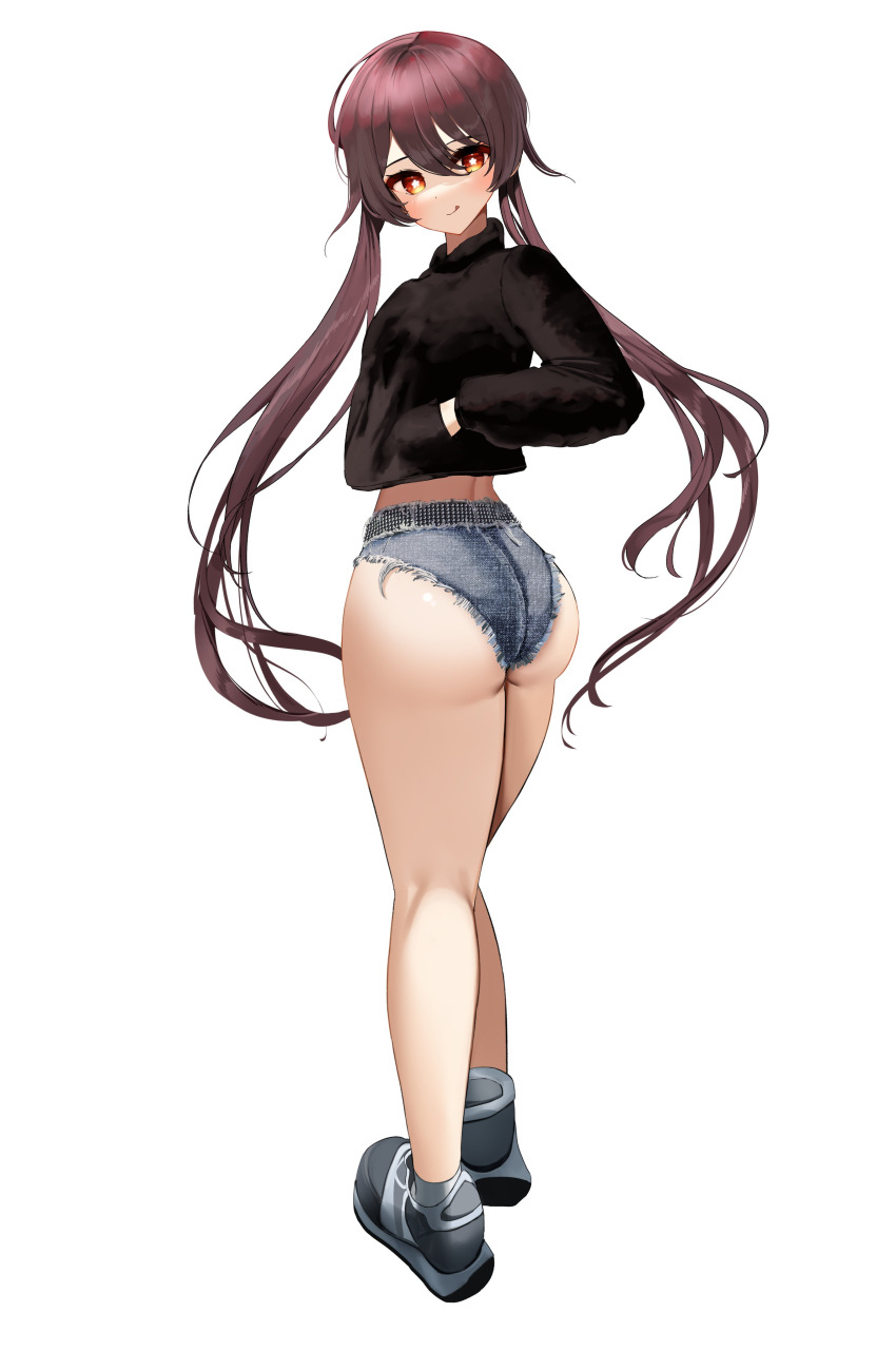 1girl absurdres ass belt black_shirt black_sweater brown_hair casual denim denim_shorts fashion from_behind full_body genshin_impact hand_in_pocket highres hu_tao_(genshin_impact) long_hair long_sleeves looking_at_viewer looking_back nicorima red_eyes shirt shoes short_shorts shorts sneakers solo standing sweater symbol-shaped_pupils thick_thighs thighs twintails