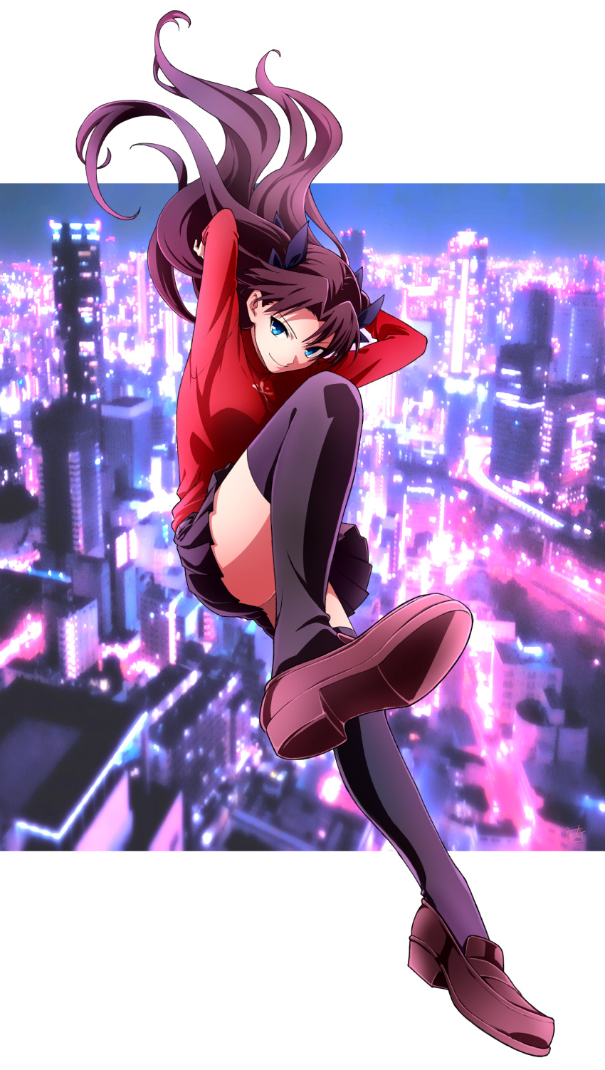 1girl absurdres arms_up black_legwear black_skirt blue_eyes bow brown_footwear brown_hair city_lights cityscape closed_mouth fate/stay_night fate_(series) floating_hair full_body hair_bow hair_intakes highres karasaki long_hair long_sleeves night pleated_skirt print_sweater red_sweater shoes skirt solo sweater thigh-highs thighs tohsaka_rin two_side_up zettai_ryouiki
