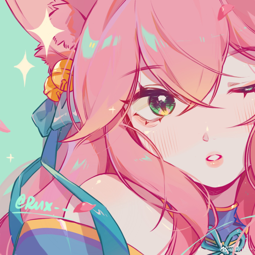 1girl ahri_(league_of_legends) bangs bare_shoulders bell blush bow crossed_bangs eyebrows_visible_through_hair green_background green_bow green_eyes hair_bell hair_between_eyes hair_bow hair_ornament highres league_of_legends long_hair one_eye_closed parted_lips pink_hair ruan_chen_yue shiny shiny_hair shiny_skin signature spirit_blossom_ahri teeth