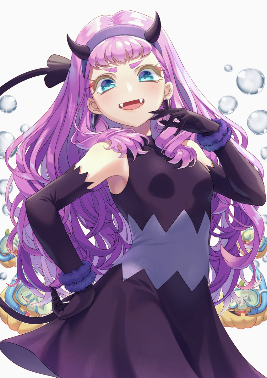 1girl absurdres black_dress black_gloves blue_eyes breasts demon_tail dress elbow_gloves fangs gloves hairband hand_on_hip highres horns laura_la_mer long_hair looking_at_viewer open_mouth pink_hair precure purple_hairband shiny shiny_hair short_dress sleeveless sleeveless_dress small_breasts solo standing tail tropical-rouge!_precure very_long_hair white_background yoko-ya_manjirou