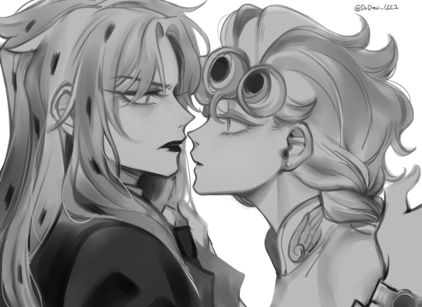 braid diavolo eyelashes face-to-face giorno_giovanna greyscale jojo_no_kimyou_na_bouken lipstick makeup monochrome polka_dot_hair profile sempon_(doppio_note) vento_aureo wing_ornament