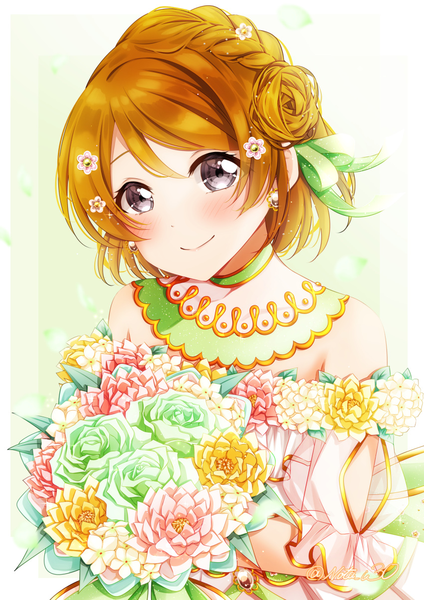 1girl absurdres bangs blonde_hair blush bouquet braid choker closed_mouth flower green_choker green_flower green_ribbon green_rose grey_eyes hair_between_eyes hair_bun hair_ribbon highres holding holding_bouquet koizumi_hanayo looking_at_viewer love_live! love_live!_school_idol_project nota_ika pink_flower ribbon rose short_hair smile solo twitter_username upper_body white_background yellow_flower