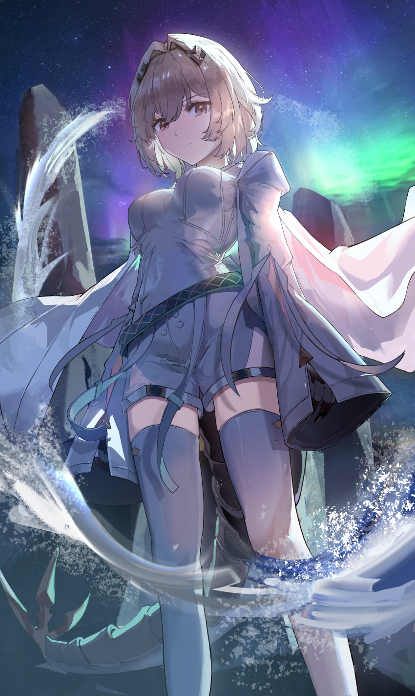 1girl absurdres alchemy_stars belt blonde_hair breasts closed_mouth hair_ornament hairclip highres jacket looking_at_viewer manu_(pixiv41646715) medium_breasts night outdoors rock short_hair shorts sky sleeves_past_fingers sleeves_past_wrists solo star_(sky) starry_sky tail thigh-highs vice_(alchemy_stars) white_jacket white_legwear yellow_eyes zettai_ryouiki