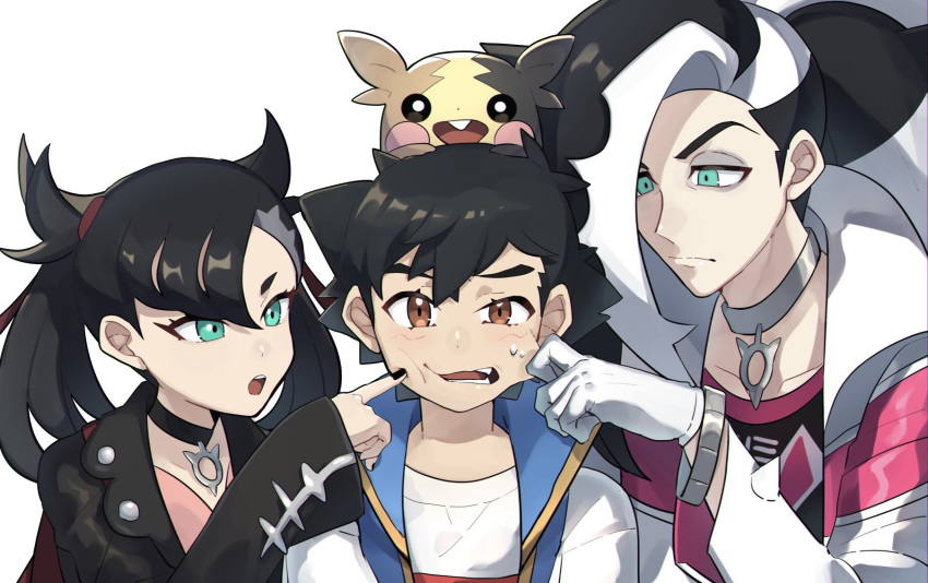 1girl 2boys ash_ketchum asymmetrical_bangs bangs black_choker black_hair black_jacket black_nails blue_jacket brother_and_sister brown_eyes cheek_poking cheek_pull choker closed_mouth collarbone commentary_request dress eyeshadow gloves green_eyes grey_eyeshadow hair_ribbon hand_up highres jacket long_hair looking_at_viewer makeup marnie_(pokemon) morpeko morpeko_(full) multicolored_hair multiple_boys nail_polish on_head open_mouth ou_negi piers_(pokemon) pink_dress pokemon pokemon_(anime) pokemon_(creature) pokemon_on_head pokemon_swsh_(anime) poking red_ribbon ribbon shirt short_hair siblings sleeveless sleeveless_jacket t-shirt teeth tongue two-tone_hair upper_body upper_teeth white_gloves white_hair white_jacket white_shirt