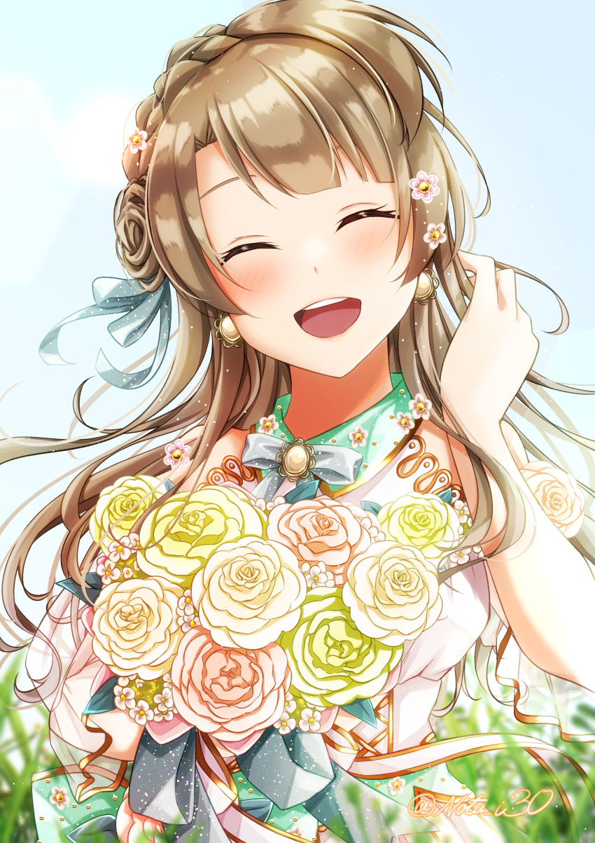 1girl :d ^_^ absurdres baer_ars blue_ribbon blush bouquet brown_hair closed_eyes floating_hair flower grey_ribbon hair_flower hair_ornament hair_ribbon highres holding holding_bouquet long_hair love_live! love_live!_school_idol_project minami_kotori neck_ribbon nota_ika open_mouth pink_flower pink_rose ribbon rose shiny shiny_hair smile solo tied_hair twitter_username upper_body white_flower white_rose yellow_flower yellow_rose