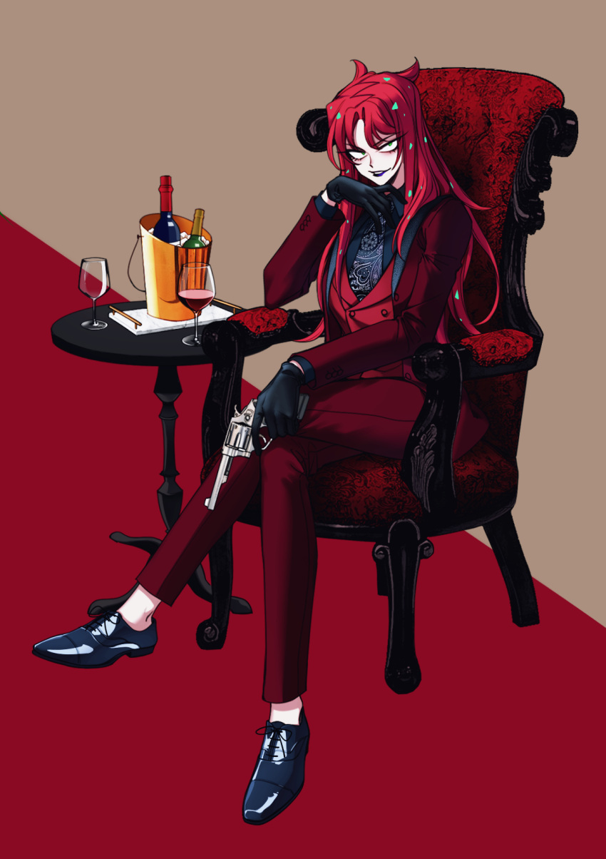 1girl black_gloves blue_lips bottle couch crossed_legs cup diavolo drinking_glass formal genderswap genderswap_(mtf) gloves green_eyes gun highres holding holding_gun holding_weapon ice_bucket jojo_no_kimyou_na_bouken lipstick long_hair looking_at_viewer makeup necktie paisley paisley_necktie pant_suit pink_hair polka_dot_hair red_suit redhead revolver round_table sempon_(doppio_note) sitting solo suit trigger_discipline vento_aureo vest waistcoat weapon wine_bottle wine_glass