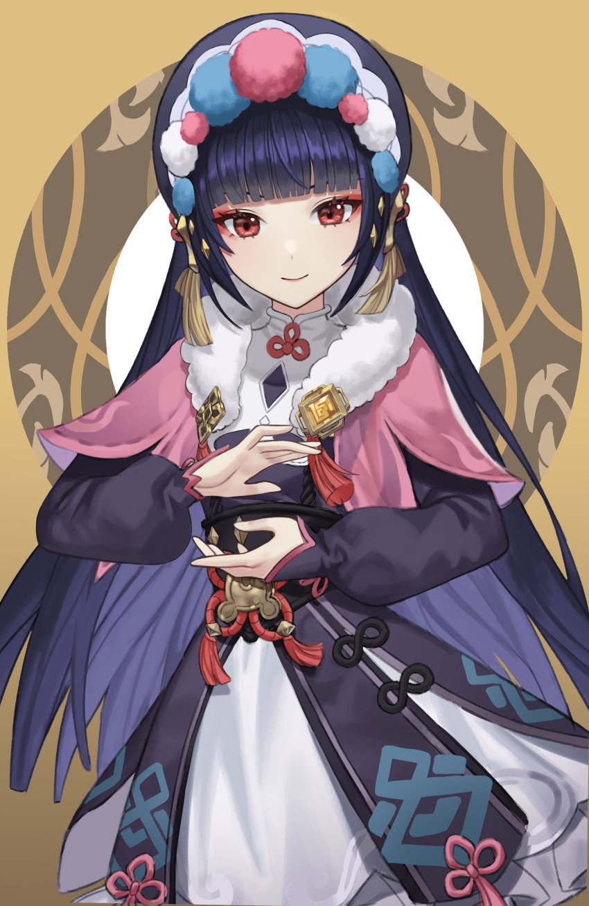 1girl absurdres arms_up bangs black_hair blunt_bangs closed_mouth commentary costume_request dalmo_(pafe2444) english_commentary fur_trim genshin_impact hat highres long_hair looking_at_viewer red_eyes smile solo standing tassel vision_(genshin_impact) yun_jin_(genshin_impact)