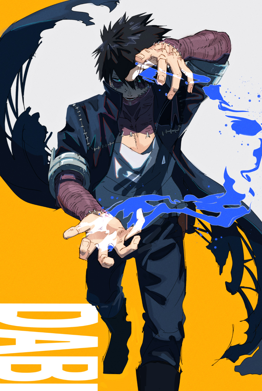 1boy absurdres black_hair blue_eyes blue_fire blue_jacket blue_pants boku_no_hero_academia burn_scar character_name cheek_piercing dabi_(boku_no_hero_academia) fire grin hajikkoneko hands_up highres jacket looking_at_viewer male_focus medium_hair messy_hair open_mouth pants piercing scar shadow shirt smile solo spiky_hair standing staple stitches teeth two-tone_background upper_teeth white_background white_shirt yellow_background