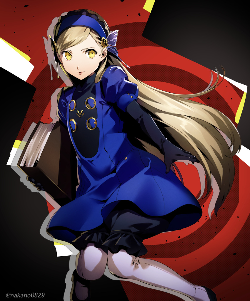 1girl absurdres bangs black_gloves black_shorts blonde_hair blue_dress blue_hairband closed_mouth dress elbow_gloves floating_hair gloves hairband highres holding lavenza_(persona_5) long_hair looking_to_the_side nakano_maru persona persona_5 shiny shiny_hair short_dress shorts shorts_under_dress solo swept_bangs twitter_username very_long_hair yellow_eyes