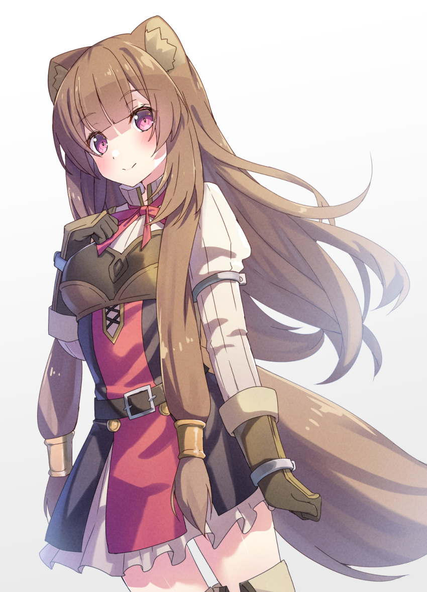 1girl animal_ears blush breasts brown_hair closed_mouth cuffs gloves highres long_hair looking_at_viewer medium_breasts pink_eyes raccoon_ears raccoon_tail raphtalia shiro_youduki simple_background smile solo standing tail tate_no_yuusha_no_nariagari thighs white_background