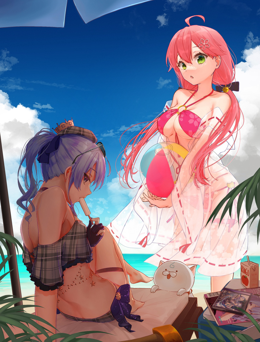 2girls 35p_(sakura_miko) absurdres apple_juice ball bangs barefoot beachball bikini blue_hair blue_sky breasts cat clouds commentary day eyewear_on_head floral_print flower green_eyes grey_bikini grey_headwear hair_between_eyes hair_flower hair_ornament hat highres hololive hoshimachi_suisei juice_box large_breasts looking_at_viewer multiple_girls o-ring o-ring_bikini off-shoulder_bikini off_shoulder outdoors parted_lips pink_bikini pink_hair plaid plaid_bikini plaid_headwear ponytail print_bikini ribbon_trim sakura_miko see-through short_sleeves sitting sky standing sunglasses swimsuit twintails virtual_youtuber wuming_xia