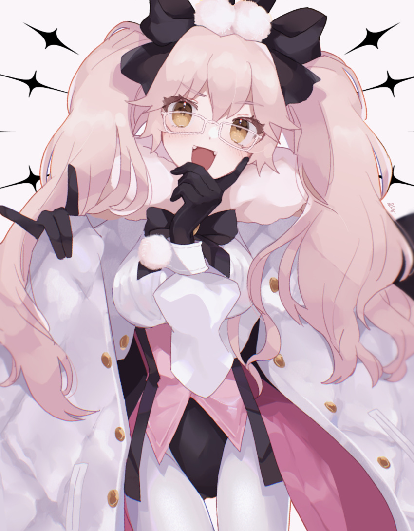 1girl animal_ear_fluff animal_ears bangs black_bow black_gloves blush bow breasts cloak coattails collared_shirt corset dress_shirt fate/grand_order fate_(series) fox_tail glasses gloves hair_between_eyes hair_bow highres koyanskaya_(fate) large_breasts long_hair long_sleeves looking_at_viewer meloettta open_mouth pantyhose pink_hair rabbit_ears revision shirt sidelocks solo tail tamamo_(fate) thighs twintails underbust white_cloak white_legwear white_shirt yellow_eyes