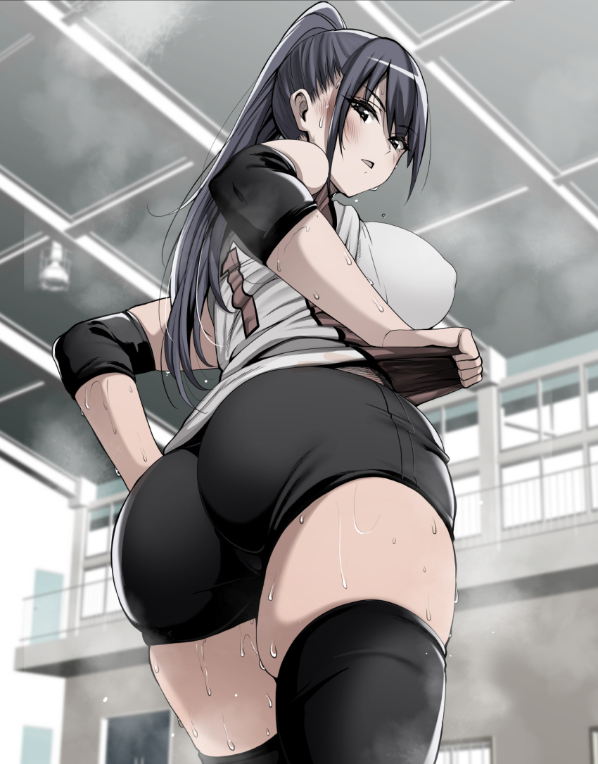1girl ass bike_shorts black_eyes breasts dark_blue_hair elbow_pads from_behind gym highres huge_ass huge_breasts looking_at_viewer looking_back monpuchi open_mouth original puffy_nipples shirt skindentation solo sportswear sweat thick_thighs thigh-highs thighs