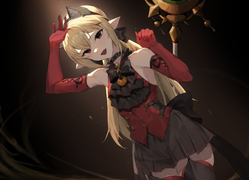 1girl :d animal_ears arm_up armpits bare_shoulders black_bow black_choker black_legwear black_skirt blonde_hair bow bowtie choker commission cowboy_shot dungeon_and_fighter elbow_gloves elementalist_(dungeon_and_fighter) fake_animal_ears fang garter_straps gloves hairband highres long_hair looking_at_viewer low_twintails mage_(dungeon_and_fighter) miniskirt molyb pleated_skirt pointy_ears red_eyes red_gloves red_shirt shirt skirt sleeveless sleeveless_shirt smile solo staff thigh-highs twintails zettai_ryouiki