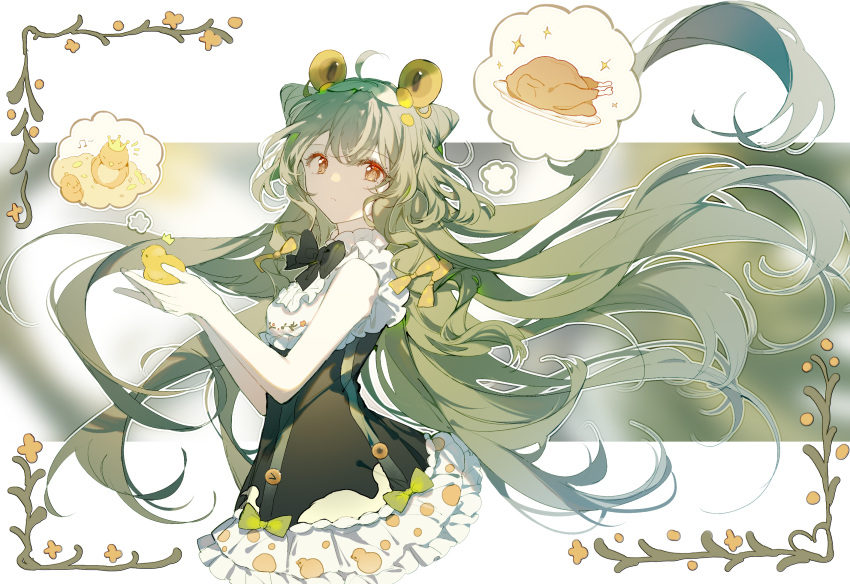1girl animal bangs bird black_bow black_bowtie border bow bowtie chick commentary commission crown duck_print extra_eyes food green_hair hair_bow hair_cones highres holding holding_animal long_hair mini_crown original pixiv_request qianqianjie serious short_sleeves sidelocks slit_pupils symbol-only_commentary thinking thought_bubble turkey_(food) upper_body yellow_bow yellow_eyes