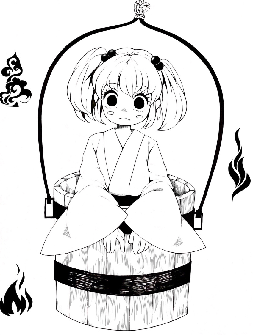 1341398tkrtr 1girl absurdres bangs bucket closed_mouth commentary_request eyebrows_visible_through_hair fire flame greyscale hair_ornament high_contrast highres in_bucket in_container kisume long_sleeves looking_at_viewer medium_hair monochrome simple_background solo touhou wide_sleeves wooden_bucket