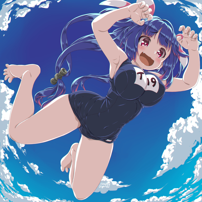 1girl bare_arms bare_legs bare_shoulders barefoot black_swimsuit blue_hair blush breasts clouds cloudy_sky dated dd_(ijigendd) eyebrows_visible_through_hair fang highres i-19_(kancolle) kantai_collection large_breasts long_hair name_tag one-piece_swimsuit open_mouth red_eyes school_swimsuit sky smile solo swimsuit tri_tails twitter_username