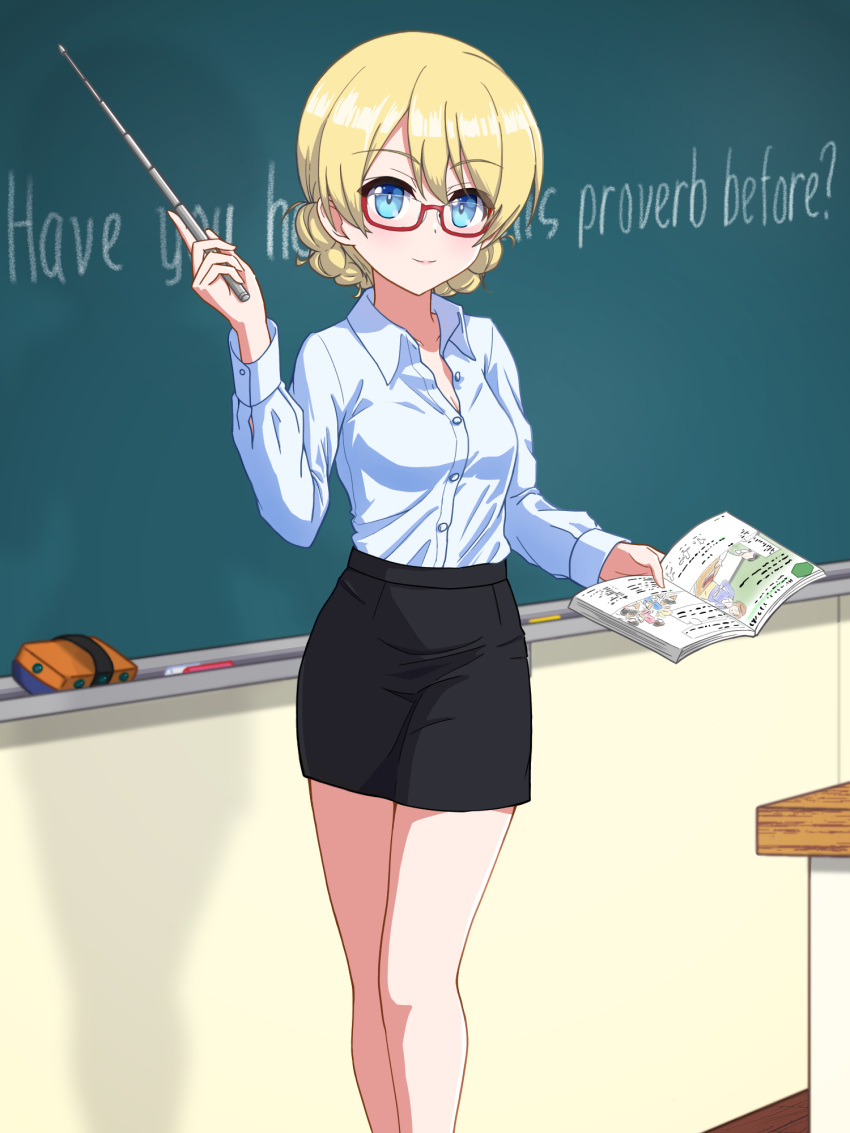 1girl bangs bespectacled black_skirt blonde_hair blue_eyes book braid chalk chalkboard closed_mouth commentary darjeeling_(girls_und_panzer) dress_shirt english_commentary eraser eyebrows_visible_through_hair girls_und_panzer glasses hachiko_(kota091986) highres holding holding_book indoors long_sleeves looking_at_viewer miniskirt mixed-language_commentary new_horizon pencil_skirt pointer red-framed_eyewear semi-rimless_eyewear shirt short_hair skirt smile solo standing teacher tied_hair twin_braids under-rim_eyewear white_shirt wing_collar