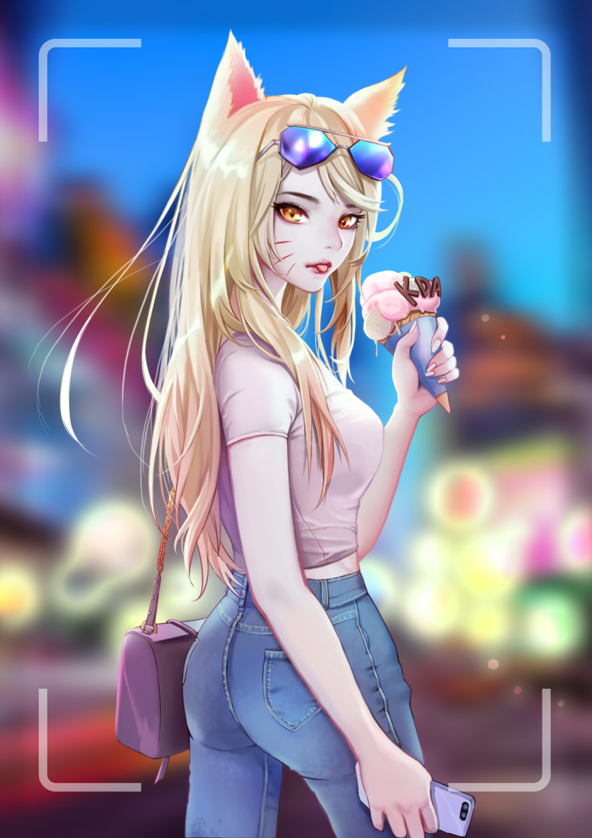 1girl ahri_(league_of_legends) alternate_costume animal_ears ass bag bangs blonde_hair blurry blurry_background breasts denim eyewear_on_head food fox_ears fox_tail grey_shirt highres holding holding_phone ice_cream ice_cream_cone jeans k/da_(league_of_legends) k/da_ahri large_breasts league_of_legends long_hair pants phone purple_bag shirt short_sleeves solo sunglasses tail tongue tongue_out xiuluoyi00