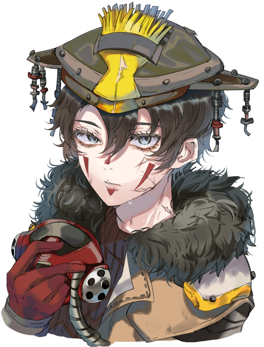 1non-binary androgynous animification apex_legends black_hair black_sweater bloodhound_(apex_legends) brown_jacket facial_tattoo fur_trim gloves grey_eyes hair_behind_ear hair_between_eyes helmet highres holding holding_mask jacket kayanogura mask mask_removed portrait queer rebreather red_gloves ribbed_sweater sweater tattoo trans white_background