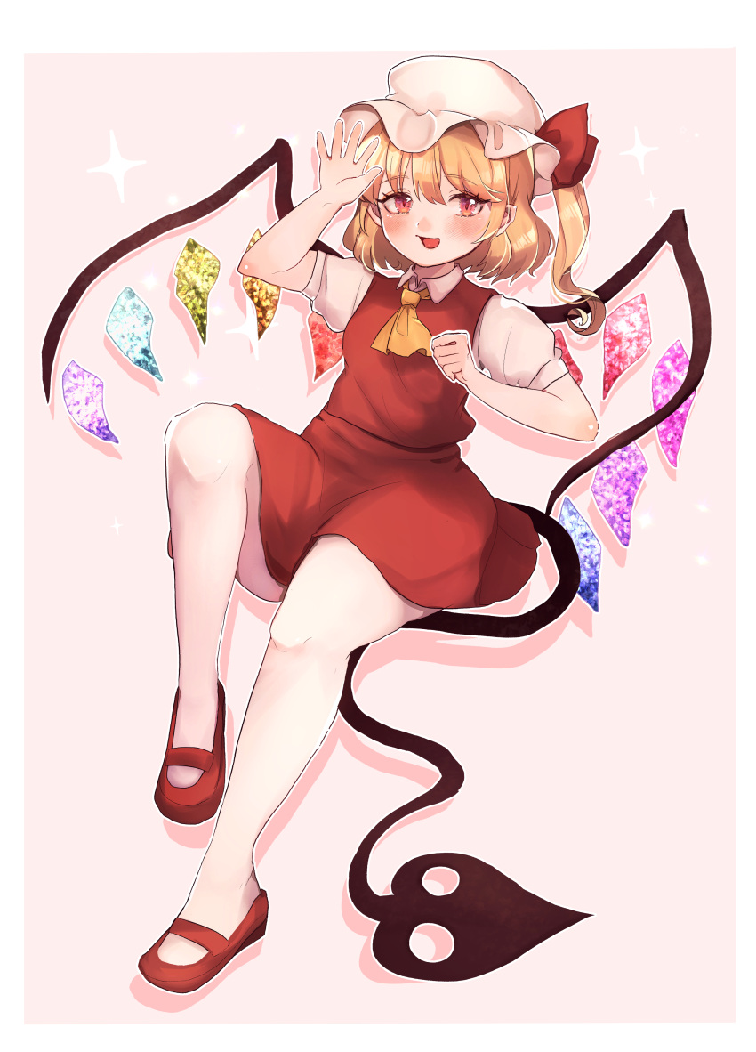 1girl :d absurdres ascot bangs bare_legs blonde_hair blush border bow breasts crystal drop_shadow eyebrows_visible_through_hair flandre_scarlet full_body hair_between_eyes hat hat_bow highres laevatein_(touhou) looking_at_viewer mary_janes matcha_modoki_(mutou_444) mob_cap one_side_up outline outside_border pink_background pink_headwear puffy_short_sleeves puffy_sleeves red_bow red_eyes red_footwear red_skirt red_vest shoes short_sleeves skirt small_breasts smile solo sparkle touhou vest white_border white_outline wing_collar wings yellow_ascot