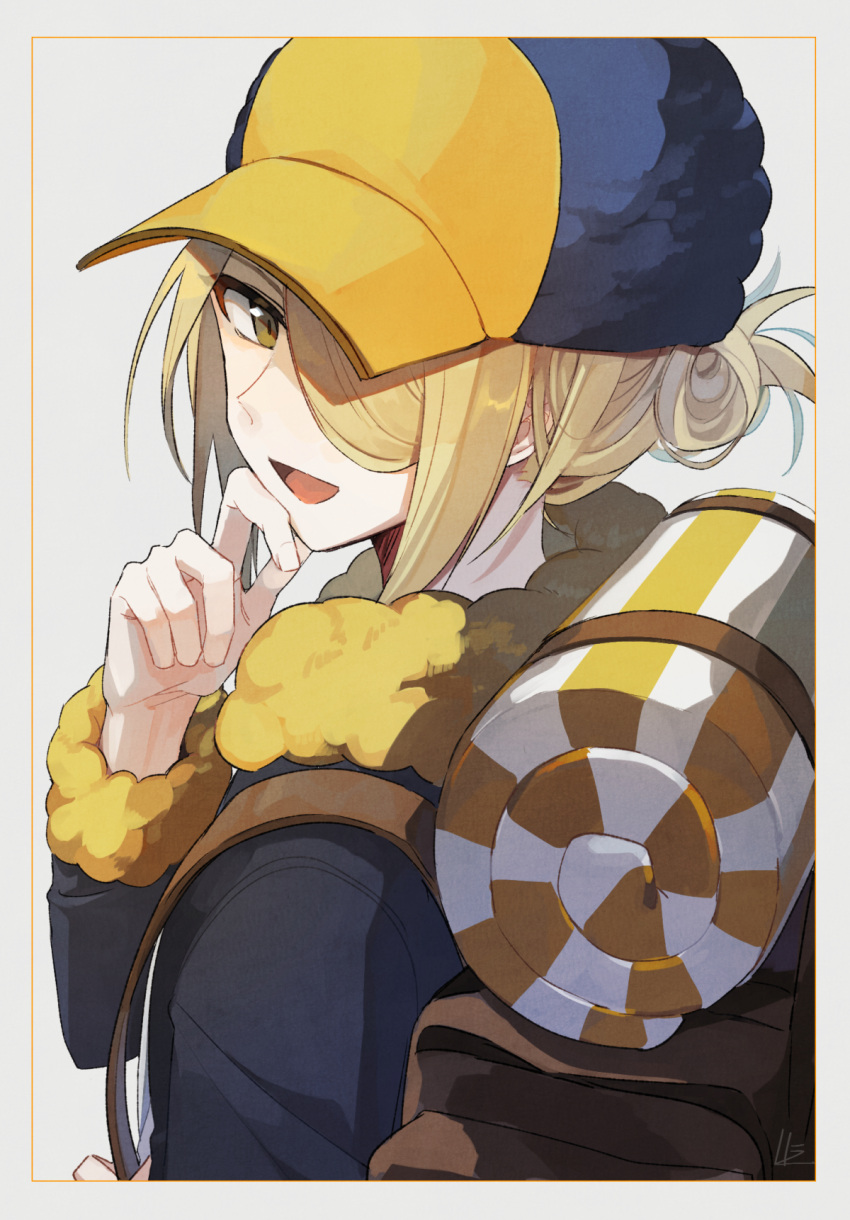 1boy :d backpack bag bangs blonde_hair brown_bag brown_eyes commentary_request framed fur_trim hair_over_one_eye hand_up hat highres holding_strap long_sleeves looking_to_the_side male_focus open_mouth pitoichi pokemon pokemon_(game) pokemon_legends:_arceus short_hair smile solo tongue upper_body volo_(pokemon) white_background yellow_headwear