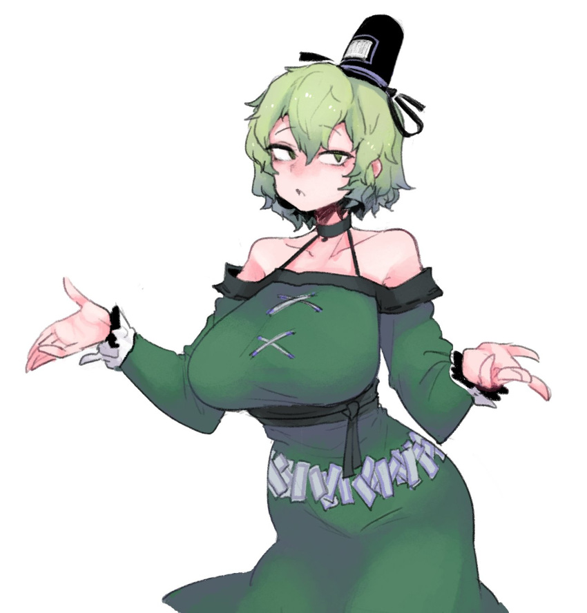 1girl alternate_costume armpit_crease bangs bare_shoulders black_headwear breasts dress english_commentary eyebrows_visible_through_hair eyelashes frilled_sleeves frills green_dress green_eyes green_hair hat highres large_breasts long_sleeves looking_at_viewer nyong_nyong off-shoulder_dress off_shoulder ofuda ofuda_on_clothes open_mouth short_hair simple_background soga_no_tojiko solo tate_eboshi touhou white_background