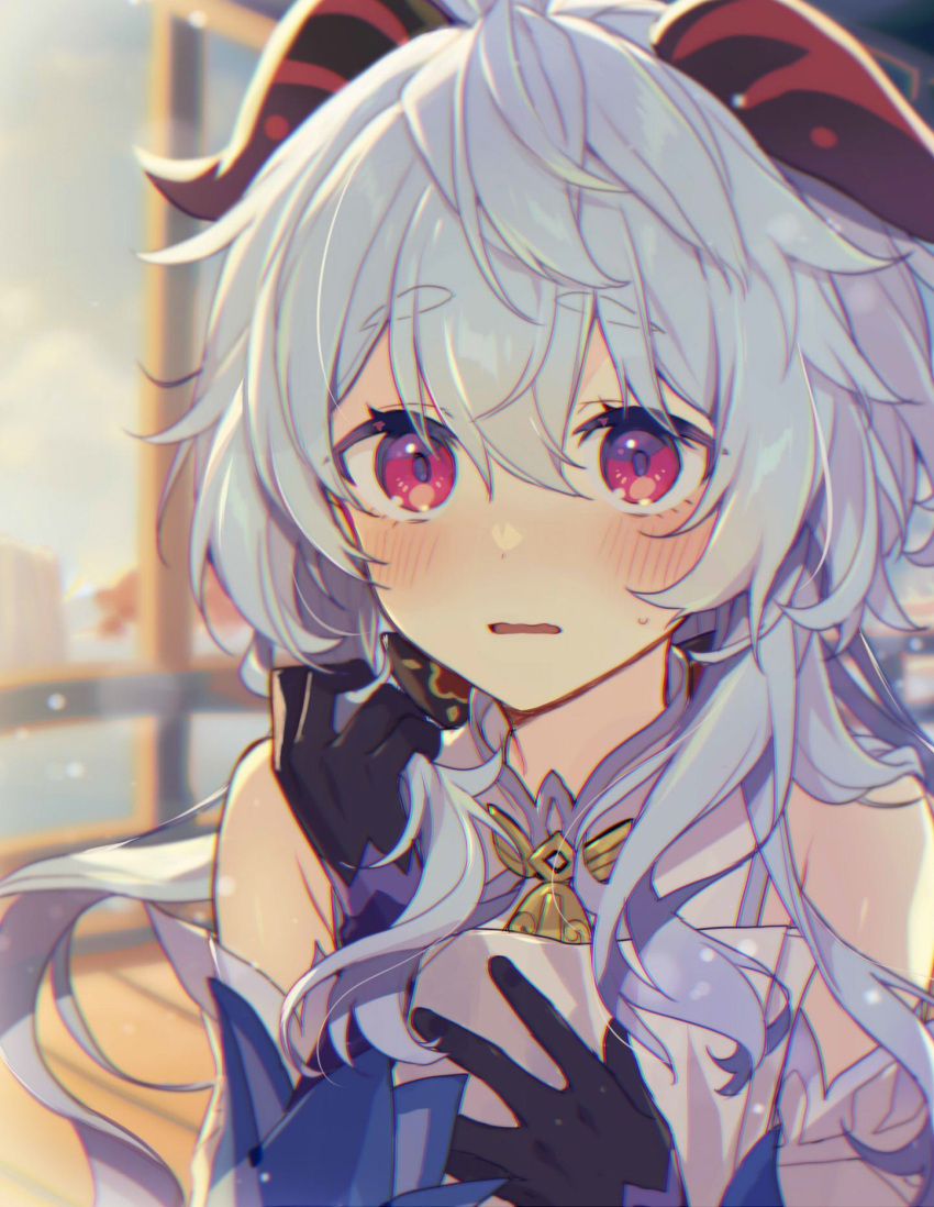 bangs bare_shoulders bell black_gloves blue_hair blush detached_sleeves eyebrows_visible_through_hair ganyu_(genshin_impact) genshin_impact gloves gold_trim highres holding holding_paper horns long_hair looking_at_viewer memeno nose_blush paper sidelocks solo sweat upper_body violet_eyes wavy_mouth