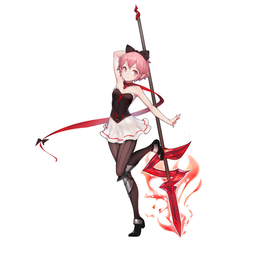 1girl absurdres arm_at_side arm_up armor artist_request bangs bow closed_mouth dress gorgeous_mushroom hair_bow highres holding holding_polearm holding_weapon illusion_connect leg_up looking_at_viewer nina_(illusion_connect) official_art pantyhose pink_eyes pink_hair polearm polearm_behind_back shoes simple_background smile solo standing standing_on_one_leg strapless strapless_dress third-party_source transparent_background weapon