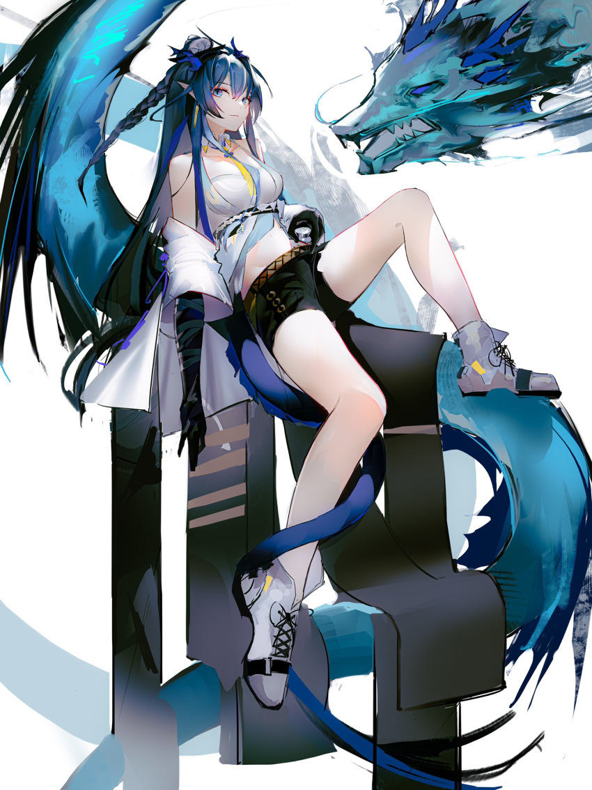 1girl ankle_ribbon arknights bangs bare_legs bare_shoulders black_legwear black_shorts blue_eyes blue_hair braid breasts closed_mouth coat cup dragon dragon_girl dragon_horns dragon_tail earrings elbow_gloves eyebrows_visible_through_hair eyeshadow full_body gloves highres holding holding_cup horns jewelry large_breasts ling_(arknights) long_hair long_sleeves looking_at_viewer mackia makeup necktie off_shoulder open_clothes open_coat pointy_ears ribbon shirt short_shorts shorts simple_background sitting smile solo tail underbust very_long_hair white_background white_coat white_footwear white_shirt yellow_necktie