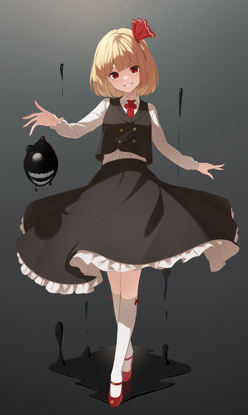 1girl arm_up bangs beads black_skirt black_vest blonde_hair breasts bright_pupils center_frills collared_shirt eyebrows_visible_through_hair frills full_body gradient gradient_background grey_background grin hair_ribbon highres kanpa_(campagne_9) kneehighs looking_at_viewer necktie petticoat red_eyes red_necktie red_ribbon ribbon rumia shirt short_hair simple_background skirt small_breasts smile solo standing touhou vest white_legwear white_shirt wing_collar