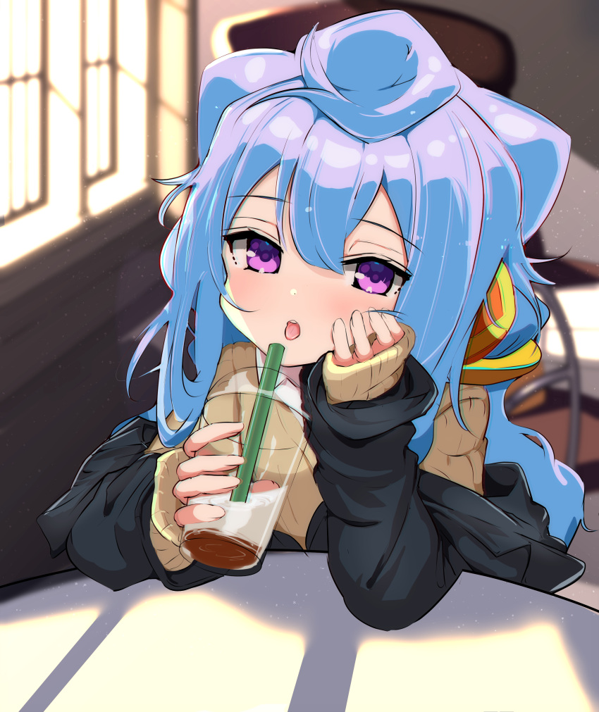 1boy absurdres black_jacket blue_hair brown_sweater chair commentary_request cup cyan_(cyan33333) drinking_straw elbow_rest hacka_doll hacka_doll_3 head_rest highres indoors jacket long_hair looking_at_viewer open_mouth otoko_no_ko sitting sleeves_past_wrists solo sweater table tongue tongue_out upper_body very_long_hair violet_eyes window