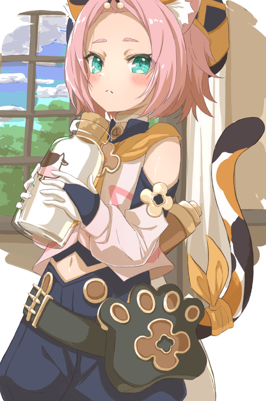1girl animal_ear_fluff animal_ears aqua_eyes bangs_pinned_back belt beret blue_shorts blush bottle cat_ears cat_girl cat_tail choker commentary cowboy_shot curtains detached_sleeves diona_(genshin_impact) genshin_impact gloves hat highres holding holding_bottle indoors looking_at_viewer milk_bottle navel paw_print pink_hair pouch ribbon short_hair shorts solo standing tail tail_ornament tail_ribbon time_is_money3120 white_choker white_gloves window