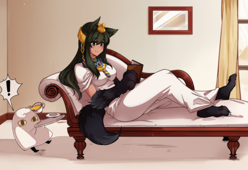 ! 1girl 1other absurdres animal_ears anubis_(monster_girl_encyclopedia) ayanobro blush body_fur book breasts closed_mouth dark_green_hair egyptian_clothes green_eyes hair_ornament highres holding holding_book holding_tray indoors jackal_ears jackal_tail long_hair lying monster_girl monster_girl_encyclopedia reading second-party_source sidelocks smile snake_hair_ornament solo spoken_exclamation_mark tray usekh_collar