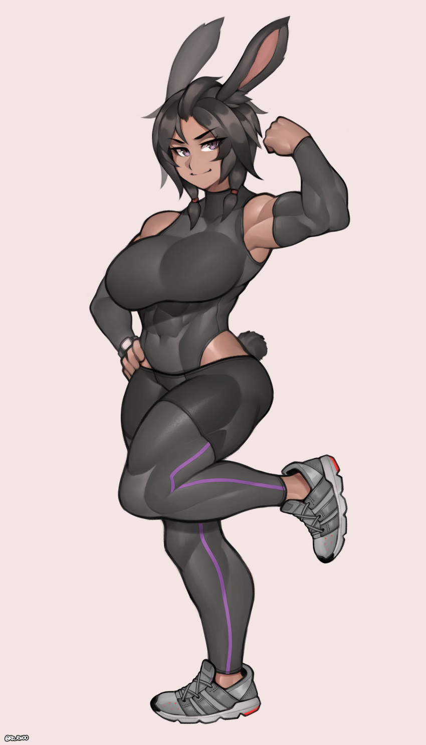 1girl absurdres animal_ears black_hair breasts commission covered_abs covered_navel detached_sleeves eyebrows_visible_through_hair flexing full_body grey_eyes hand_on_hip highres large_breasts leotard looking_at_viewer muscular muscular_female original pose rabbit_ears rabbit_girl rabbit_tail roadi3 skin_tight smile solo standing standing_on_one_leg tail