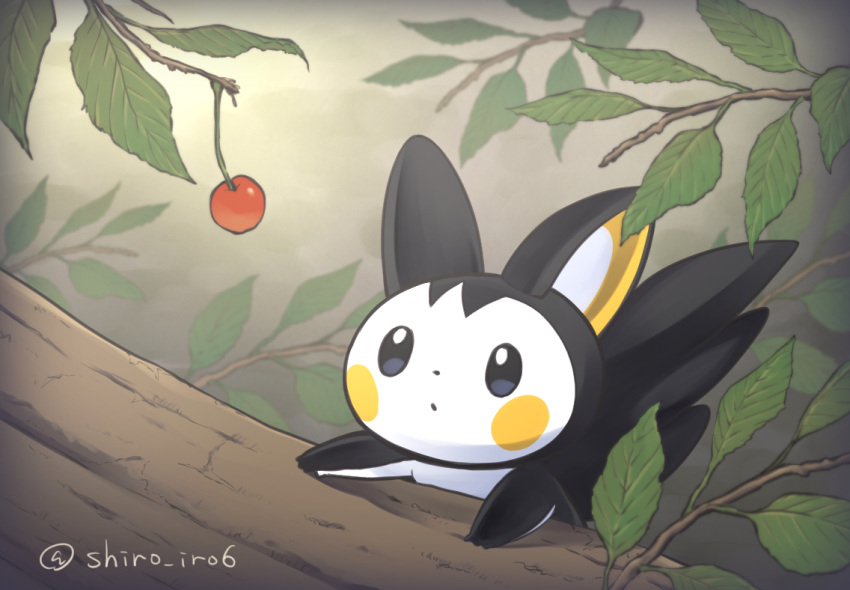 animal_focus black_eyes closed_mouth commentary_request day emolga leaf looking_up no_humans outdoors pokemon pokemon_(creature) shiro_iro6 solo