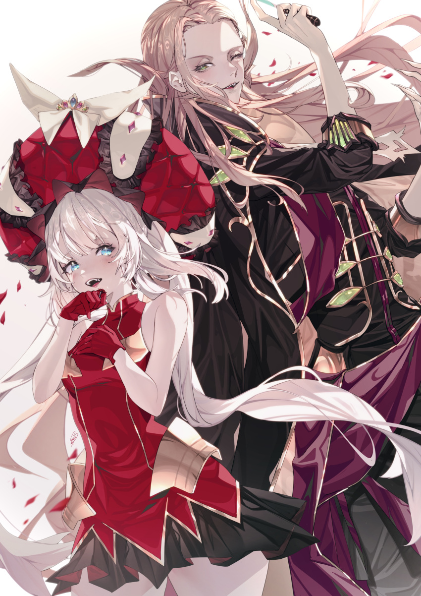 1boy 1girl absurdres bangs bare_shoulders blonde_hair blue_eyes breasts commentary_request cuso4_suiwabutu dress eyebrows_visible_through_hair fate/grand_order fate_(series) gloves green_eyes hair_ornament hat highres jacket jewelry long_hair long_sleeves looking_at_viewer marie_antoinette_(fate) medium_breasts open_mouth silver_hair smile twintails very_long_hair wolfgang_amadeus_mozart_(fate)