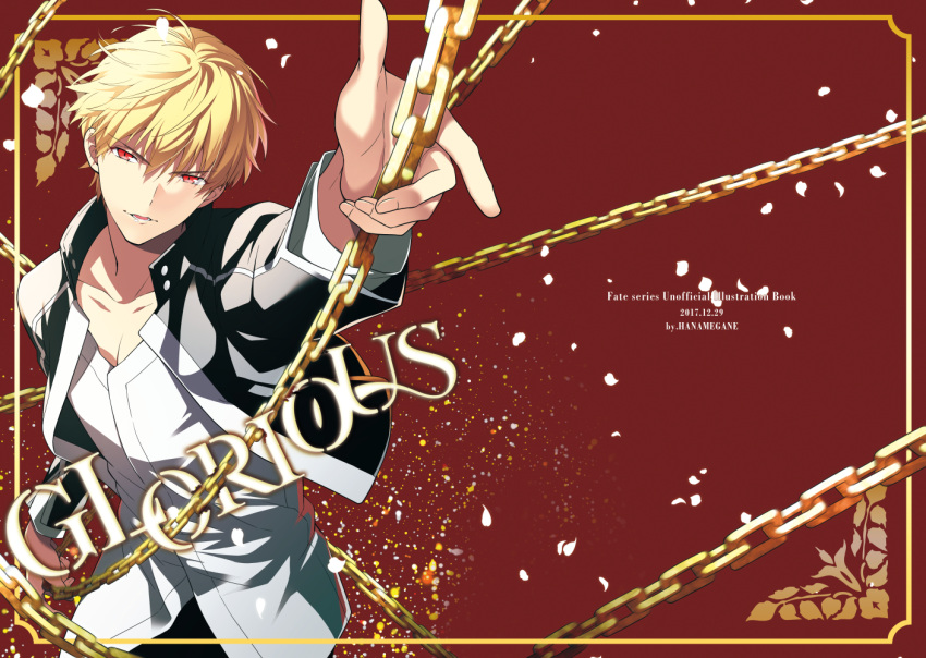 1boy black_jacket blonde_hair chain comiket_93 commentary_request fate/grand_order fate/stay_night fate_(series) gilgamesh_(fate) jacket male_focus natsuko_(bluecandy) open_mouth red_eyes shirt short_hair smile solo toned white_shirt