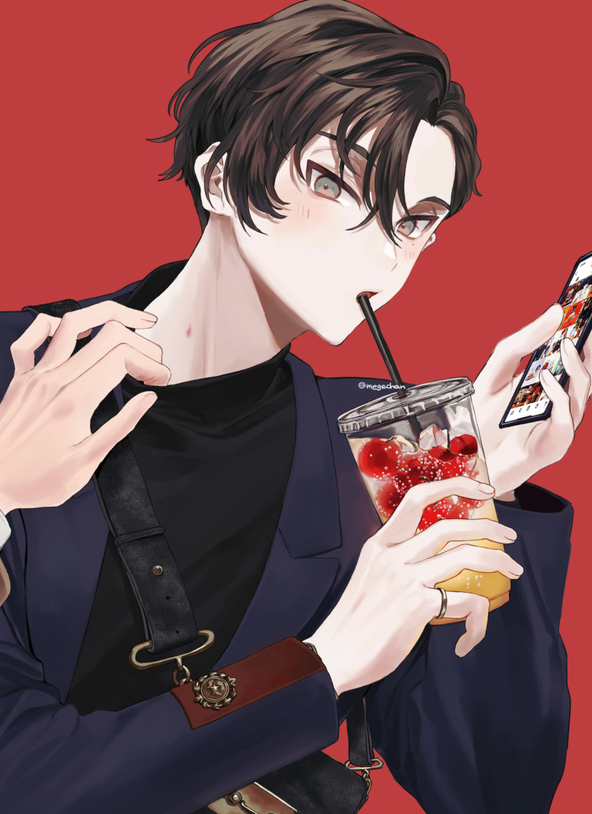 2boys artist_name bag black_shirt blue_coat brown_hair cellphone coat commentary drink drinking_straw_in_mouth grey_eyes hickey highres holding holding_drink holding_phone ice ice_cube jewelry light_blush long_sleeves looking_at_viewer male_focus megechan multiple_boys original parted_lips phone red_background ring shirt short_hair shoulder_bag simple_background smartphone solo_focus upper_body