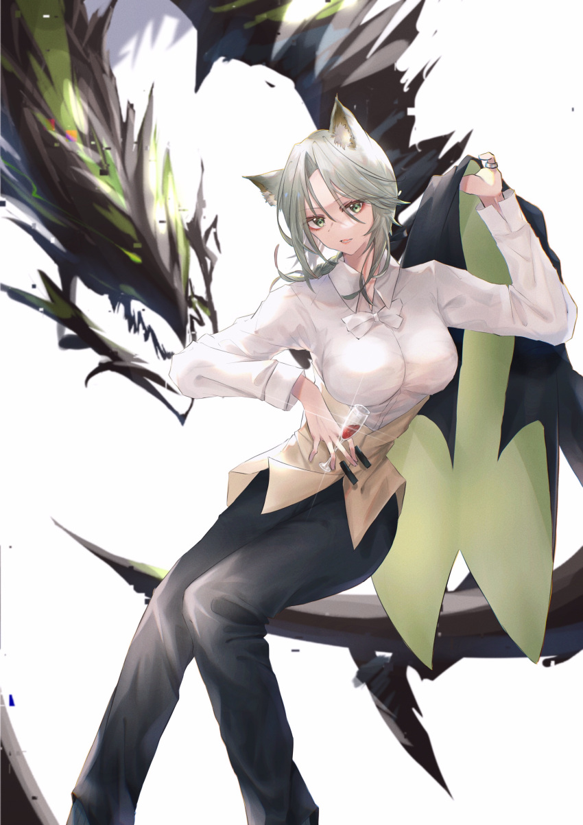1girl absurdres alternate_costume animal_ear_fluff animal_ears arknights black_pants blurry bow bowtie braid breasts cat_ears contrapposto cup dafenpipixia depth_of_field dragon dress_shirt drinking_glass eyeshadow fangs feet_out_of_frame glint green_eyes green_hair hand_up highres holding holding_clothes holding_jacket jacket kal'tsit_(arknights) long_hair long_sleeves looking_at_viewer makeup medium_breasts pants parted_lips red_eyeshadow scythe shirt simple_background sitting solo white_background wine_glass