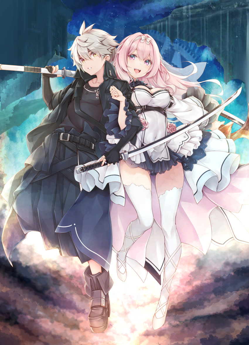 1boy 1girl boots breasts character_request copyright_request cover cover_page covered_navel dress floating highres holding holding_sword holding_weapon jacket katana luna_lia medium_breasts midair novel_cover novel_illustration official_art open_clothes open_jacket open_mouth pink_eyes pink_hair shoes silver_hair sword thigh-highs weapon yellow_eyes