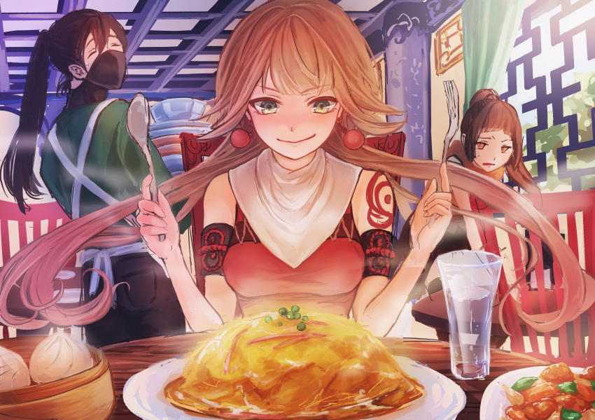 1boy 2girls absurdres chinese_clothes commentary_request cooking food food_focus highres long_hair mask mouth_mask multiple_girls ninja ninja_(ragnarok_online) ragnarok_online rice shinna_008 tree water